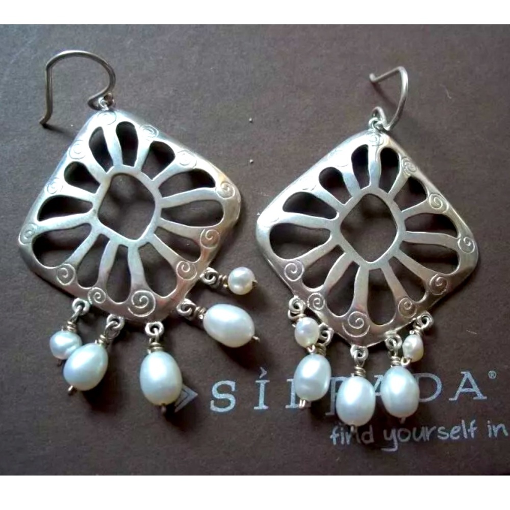 Silpada RARE Vintage Sterling Silver Cutout Earrings w/Hanging Pearls